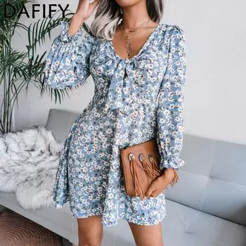 DAFIFY женские модные летние весенние повседневные платья с цветочным узором и длинными рукавами и v-образным вырезом со средней талией S