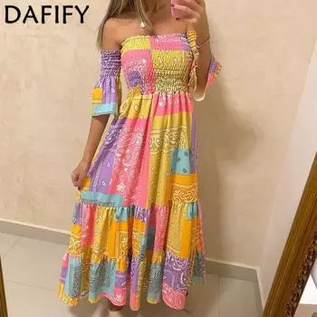 DAFIFY женские модные летние весенние повседневные платья в богемном стиле с рукавами 1/2 и высокой талией S жёлтый