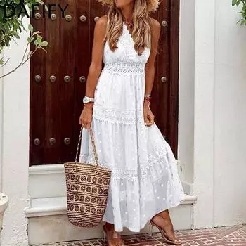 DAFIFY женские модные летние весенние повседневные платья трапециевидной формы без рукавов с v-образным вырезом и средней талией в горошек S белый