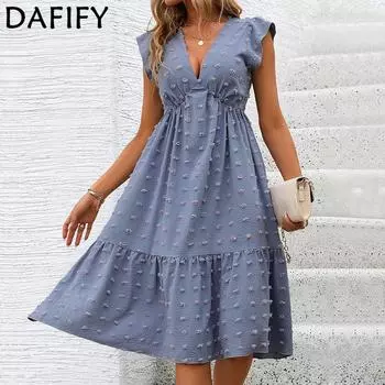 DAFIFY женские модные летние весенние повседневные платья трапециевидной формы с коротким рукавом и v-образным вырезом в горошек и высокой талией S синий