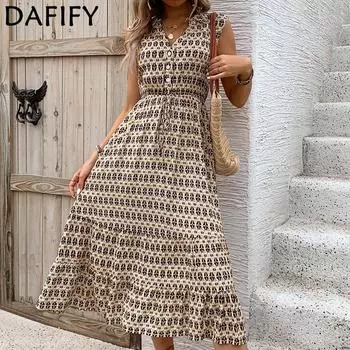 DAFIFY женские модные летние весенние повседневные платья без рукавов с v-образным вырезом и высокой талией с геометрическим принтом S абрикосовый