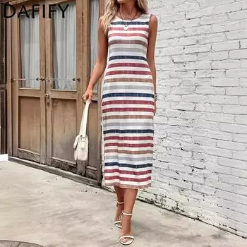 DAFIFY Женские модные летние весенние повседневные платья без рукавов с круглым вырезом и высокой талией в полоску S абрикосовый