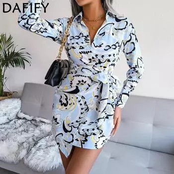 DAFIFY женские модные летние весенние повседневные платья с длинными рукавами и воротником-поло со средней талией S