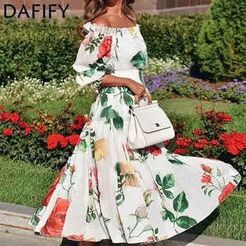 DAFIFY женские модные летние весенние повседневные платья с цветочным узором и коротким рукавом на одно плечо и высокой талией S белый