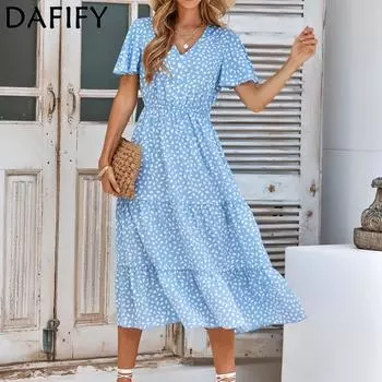 DAFIFY Женские модные летние весенние повседневные платья с короткими рукавами и v-образным вырезом со средней талией
