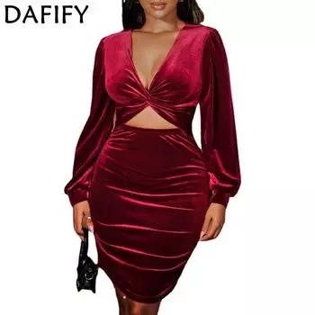 DAFIFY Женские модные осенне-зимние однотонные коктейльные и вечерние платья с длинным рукавом и v-образным вырезом со средней талией