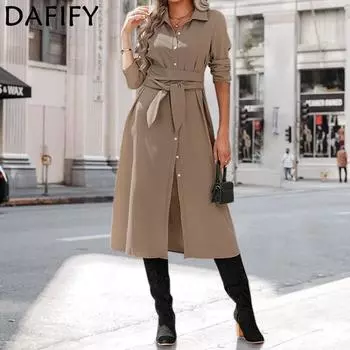 DAFIFY женские модные осенне-зимние однотонные повседневные платья-поло с длинными рукавами и средней талией