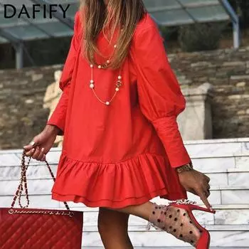 DAFIFY женские модные осенне-зимние однотонные повседневные платья с длинными рукавами и воротником-поло с принтом S