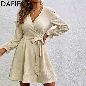 DAFIFY женские модные осенне-зимние однотонные повседневные платья с длинными рукавами и v-образным вырезом со средней талией S темно-фиолетового