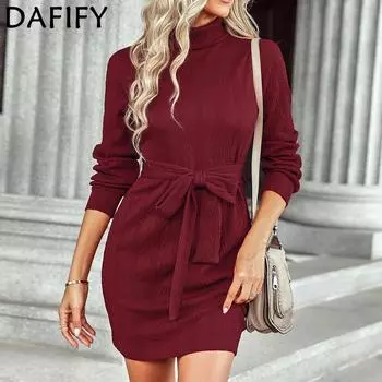 DAFIFY женские модные осенне-зимние однотонные повседневные платья с длинными рукавами и высоким воротом и средней талией