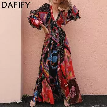 DAFIFY Женские модные осенне-зимние повседневные платья с длинным рукавом и v-образным вырезом в богемном стиле S красный