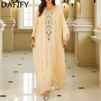 DAFIFY Женские модные платья с геометрическим принтом весна-осень с длинным рукавом, свободной талией, V-образным вырезом, коктейльные и вечерние платья M белый