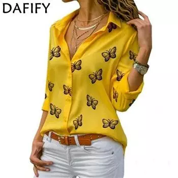 DAFIFY Женская мода Повседневная Летняя Весна Бабочка Принт Длинный рукав Поло Воротник Блузки и рубашки S белый