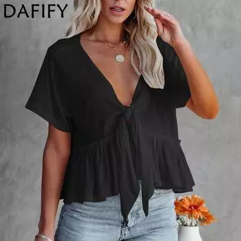 DAFIFY женские модные повседневные летние однотонные блузки и рубашки с короткими рукавами и v-образным вырезом с принтом