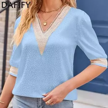 DAFIFY женские модные повседневные летние однотонные блузки и рубашки с рукавами 1/2 и v-образным вырезом с принтом S