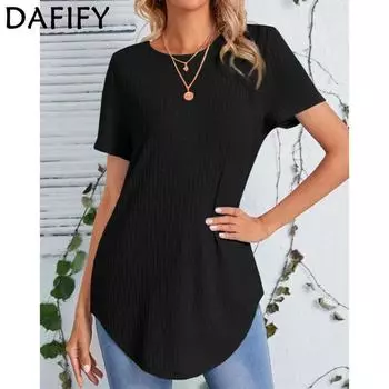 DAFIFY женские модные повседневные летние однотонные блузки и рубашки с короткими рукавами и круглым вырезом с принтом S чёрный