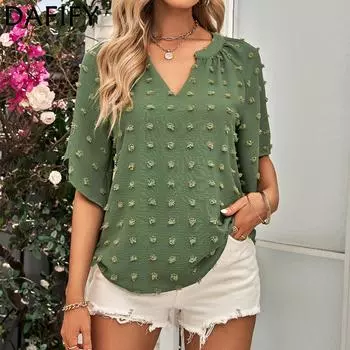 DAFIFY женские модные повседневные летние однотонные блузки и рубашки с рукавами 1/2 и v-образным вырезом с принтом