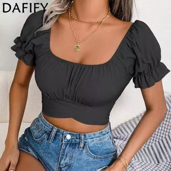 DAFIFY женские модные повседневные летние однотонные блузки и рубашки с короткими рукавами и квадратным воротником с принтом S