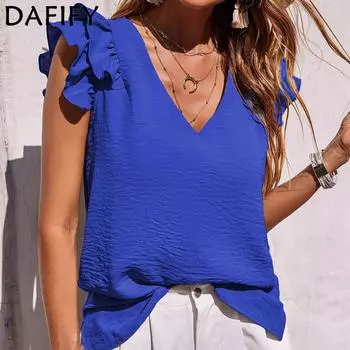 DAFIFY женские модные повседневные летние однотонные блузки и рубашки без рукавов с v-образным вырезом и принтом