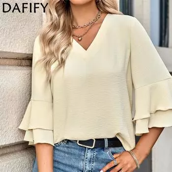 DAFIFY женские модные повседневные летние однотонные блузки и рубашки с рукавами 1/2 и v-образным вырезом с принтом