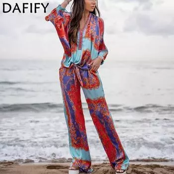 DAFIFY женские модные повседневные летние весенние богемные брюки с длинным рукавом и v-образным вырезом с принтом, брюки, костюмы S красный