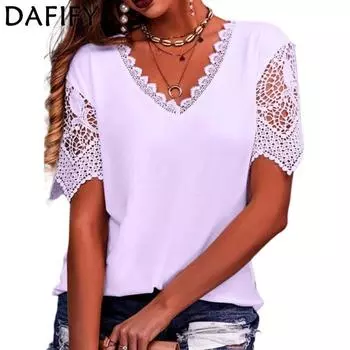 DAFIFY женские модные повседневные летние весенние кружевные однотонные блузки и рубашки с v-образным вырезом и короткими рукавами с принтом