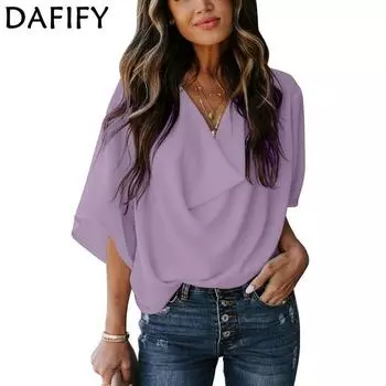 DAFIFY женские модные повседневные летние весенние однотонные свободные блузки и рубашки с короткими рукавами и v-образным вырезом с принтом