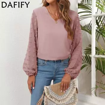 DAFIFY женские модные повседневные летние весенние однотонные блузки и рубашки с длинными рукавами и v-образным вырезом с принтом S розовый