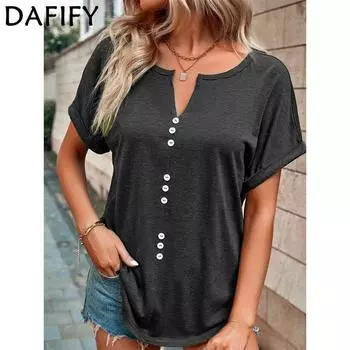 DAFIFY женские модные повседневные летние весенние однотонные блузки и рубашки с короткими рукавами и v-образным вырезом с принтом