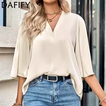 DAFIFY женские модные повседневные летние весенние однотонные блузки и рубашки с рукавами 1/2 и v-образным вырезом с принтом