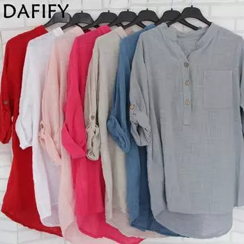 DAFIFY женские модные повседневные летние весенние однотонные блузки и рубашки с длинными рукавами и v-образным вырезом с принтом S белый