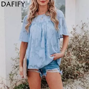 DAFIFY женские модные повседневные летние весенние однотонные блузки и рубашки с короткими рукавами и круглым вырезом с принтом