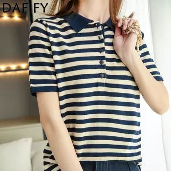 DAFIFY Женские модные повседневные летние весенние полосатые рубашки с короткими рукавами и воротником-поло с принтом, блузки и рубашки S синий