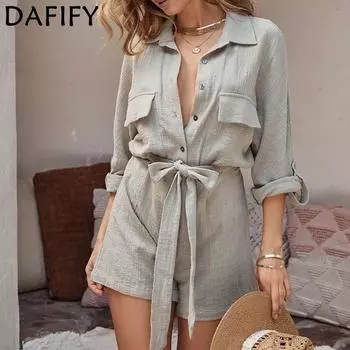 DAFIFY, женские модные повседневные однотонные брюки с принтом, летние и весенние, с длинными рукавами, поло с воротником, брюки, комбинезоны и комбинезоны S серый