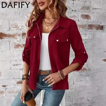 DAFIFY Женская мода повседневная однотонная принтованная куртка с длинным рукавом и воротником-поло на осень-зиму S бордовый