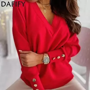 DAFIFY женские модные повседневные однотонные принты осень-зима с длинными рукавами и v-образным вырезом свитера S красный
