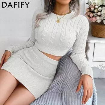 DAFIFY женские модные повседневные однотонные принты осень-зима с длинными рукавами и круглым вырезом свитера костюмы с юбкой S