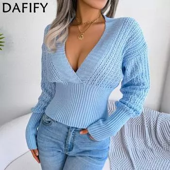 DAFIFY женские модные повседневные однотонные принты осень-зима с длинными рукавами и v-образным вырезом свитера S