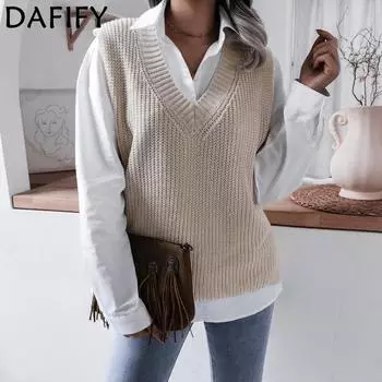 DAFIFY женские модные повседневные однотонные принты осенне-зимние свитера без рукавов с v-образным вырезом S