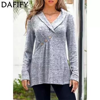DAFIFY, женские модные повседневные однотонные пуловеры с v-образным вырезом и длинными рукавами, осень-зима с однотонным принтом S