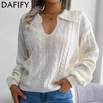 DAFIFY женские модные повседневные однотонные свитера с воротником-поло на осень-зиму с длинными рукавами S