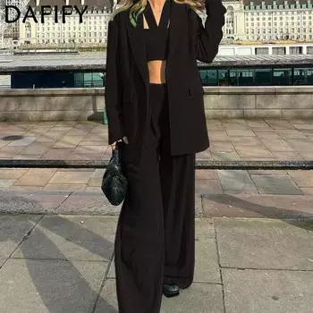 DAFIFY женские модные повседневные осенне-зимние однотонные поло с принтом и длинными рукавами, брюки, брюки, костюмы S