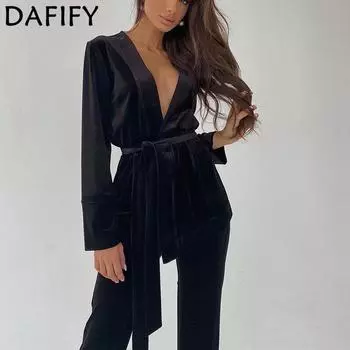 DAFIFY женские модные повседневные осенне-зимние однотонные брюки с принтом и длинными рукавами и v-образным вырезом, брюки, костюмы S