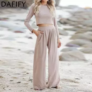 DAFIFY женские модные повседневные осенне-зимние однотонные брюки с длинным рукавом и круглым вырезом с принтом, брюки, костюмы