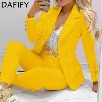 DAFIFY женские модные повседневные осенне-зимние однотонные поло с принтом и длинными рукавами, брюки, брюки, костюмы S жёлтый