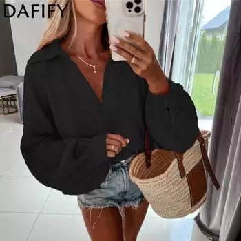 DAFIFY женские модные повседневные осенне-зимние однотонные рубашки-поло с длинным рукавом и принтом, блузки и рубашки S