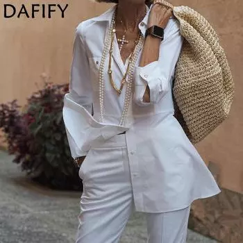 DAFIFY женские модные повседневные осенне-зимние однотонные поло с принтом и длинными рукавами, брюки, брюки, костюмы S белый