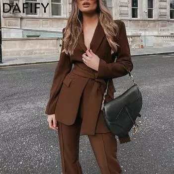 DAFIFY женские модные повседневные осенне-зимние однотонные поло с принтом и длинными рукавами, брюки, брюки, костюмы S чёрный