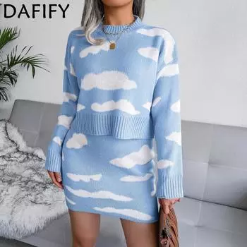 DAFIFY женские модные повседневные осенне-зимние свитера с длинными рукавами и круглым вырезом, костюмы с юбкой S