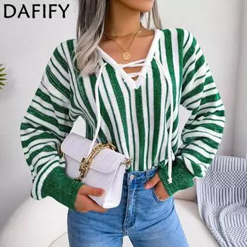 DAFIFY женские модные повседневные пуловеры в полоску с принтом осень-зима с длинными рукавами и v-образным вырезом, свитера S